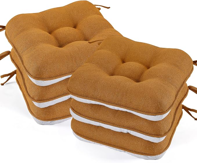 BETU Chair Cushions for Dining Chairs Set of 6,3.5" Thick Kitchen Table Chair Pads with Ties,Non Slip Backing and Covers, Seat Cushion for Dining Room,Bar,Patio Chairs,15.5"X15.5"X3.5",Caramel by BETU