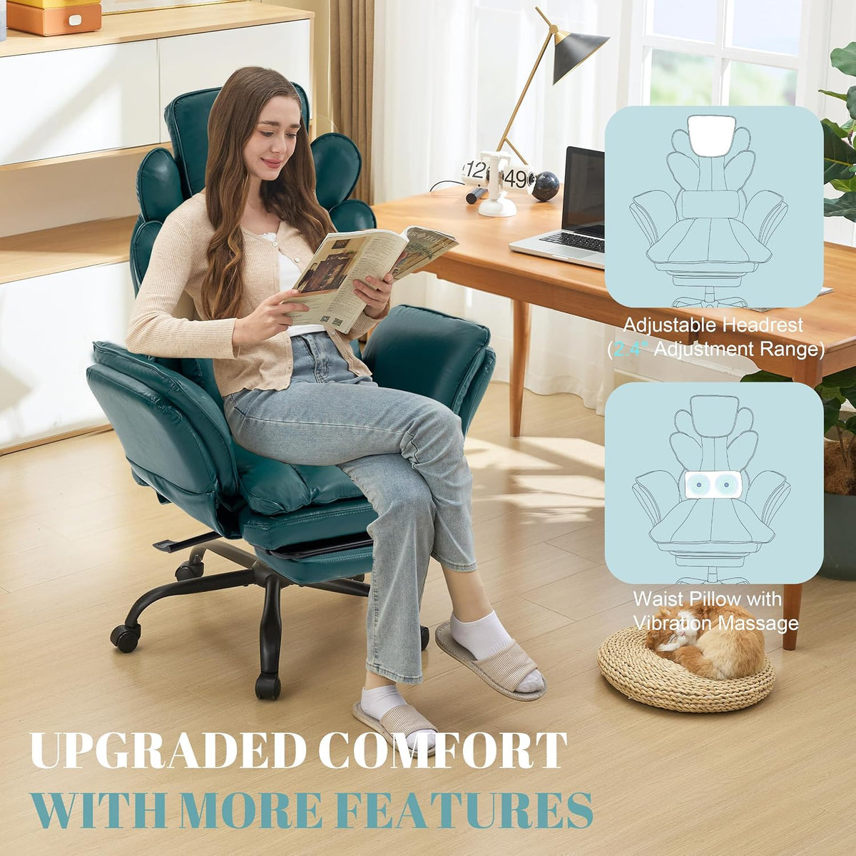 Flip Armrests Criss Cross Office Chair, Reclining Office Chair with Foot Rest, Adjustable Headrest, Massage Waist Pillow, Cross Legged Big and Tall Desk Chair Wide Seat Vanity Chair, Green PU Leather - Image 4