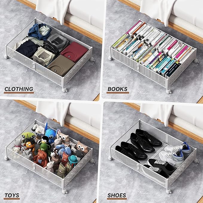 PHINOX Under Bed Storage Container with Wheels,Patterned,Metal,2 Pack,White | Tool-free assembly, glide smoothly, easy reach, foldable, maxmazie low-profile beds, dorm, keep seasonal clothes, shoes fresh - Image 4