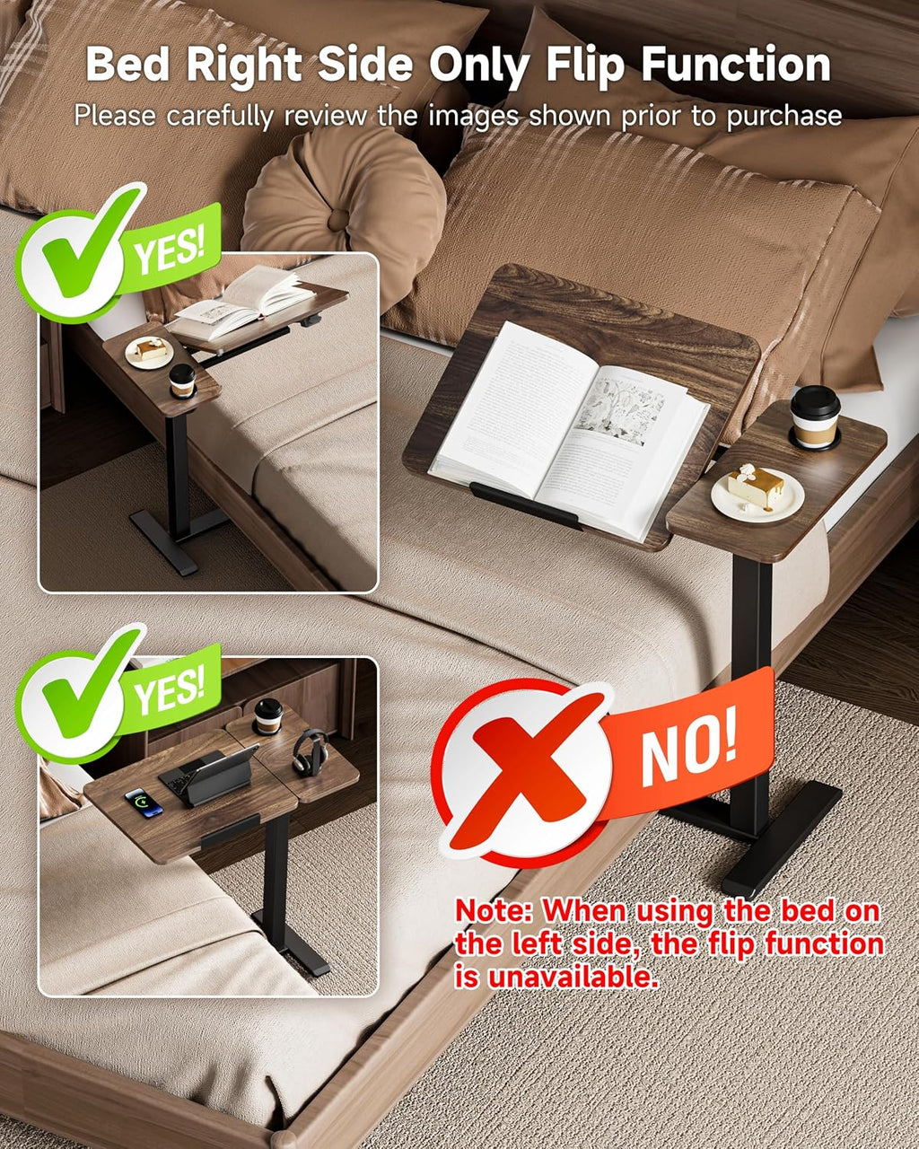 BZIUM Overbed Bedside Table with Hidden Wheels, Adjustable Medical Tilt Top Hospital Bed Table Over The Bed, Rolling Desk Mobile Standing Desk (27.6x15.8, Walnut) - Image 4