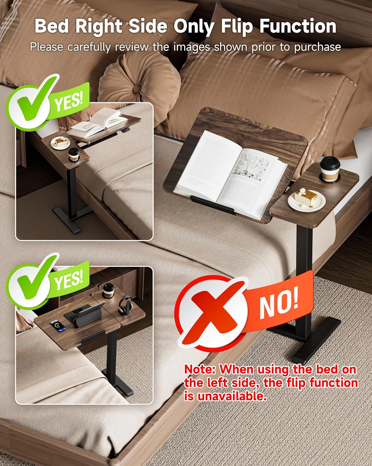 BZIUM Overbed Bedside Table with Hidden Wheels, Adjustable Medical Tilt Top Hospital Bed Table Over The Bed, Rolling Desk Mobile Standing Desk (27.6x15.8, Walnut) - Image 4