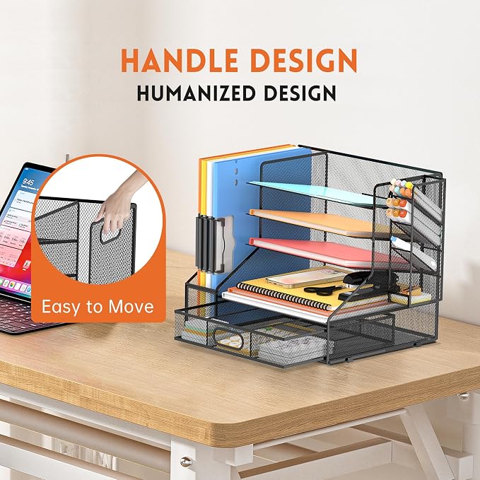 5-Tier Desk Organizer with File Holder & Pen Holder & Sliding Drawer, Black | Mesh Metal Paper Letter Tray for Papers, Mail, Office Supplies, and Desk Accessories - Image 6