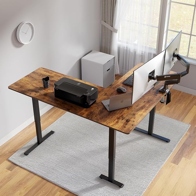 FEZIBO 63" x 55"L Shaped Standing Desk Adjustable Height, Electric Stand up Corner Computer Desk, Sit Stand Home Office Desk with Splice Board, Vintage-Brown - Image 6