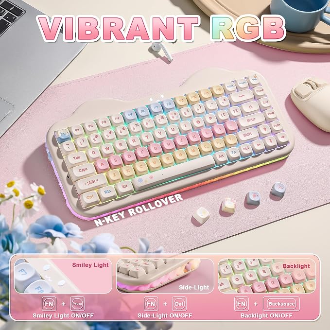 YUNZII C75 Cute 75% Wireless Mechanical Keyboard (Beige, Candy Switch) | Creamy Cake Keyboard, BT5.0/2.4G/USB-C, Hot-Swap, NKRO, PBT MOA Keycaps,5500mAh RGB Gasket Mount for Mac/Win/Gaming/Office - Image 7