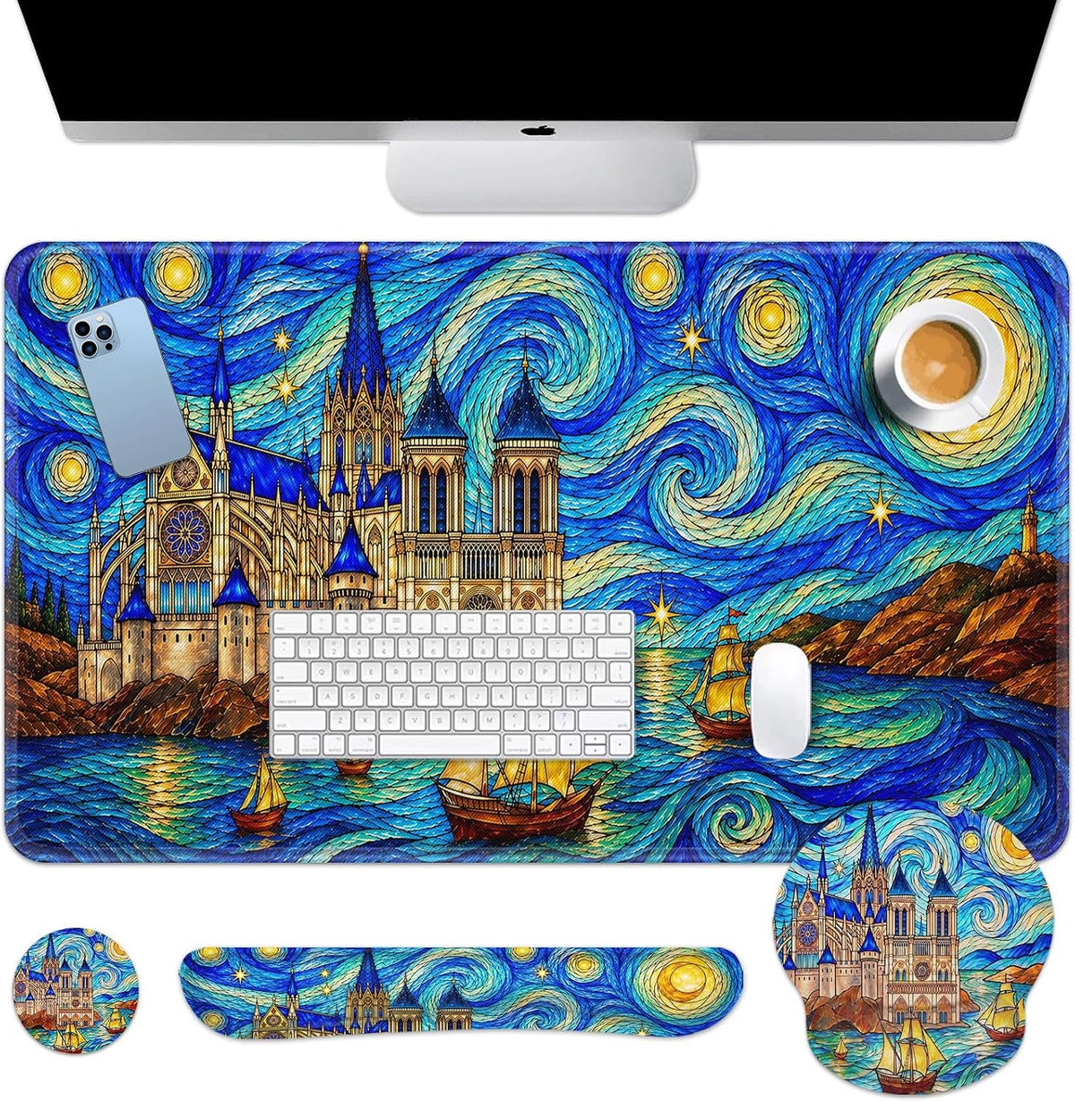 Keyboard Mouse Pad Set, 4 in 1 Desk Mat Set, Blue Starry Castle by Britimes