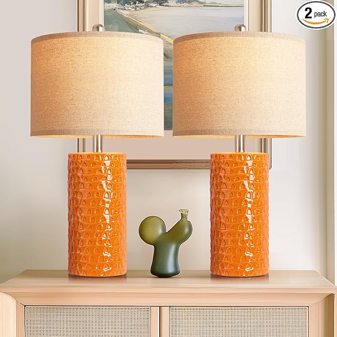 23" Modern Ceramic Table Lamp Set of 2, Table Lamps for Living Room, Rustic Farmhouse Bedside Lamps Nightstand lamp for Bedroom, Desk Lamp for End Table Home Decor Orange by PARTPHONER