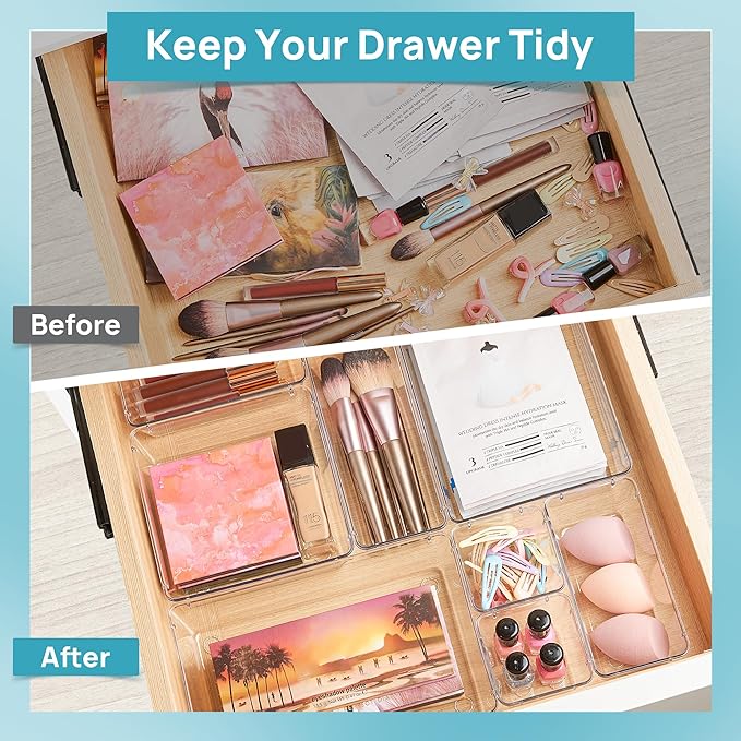 Vtopmart 44 PCS Clear Plastic Drawer Organizers Set, Vanity Organizer Trays | 4-Size Versatile Makeup Organizer, Non-Slip Storage Containers for Makeup, Jewelries, Bedroom，Kitchen Utensils and Office - Image 2
