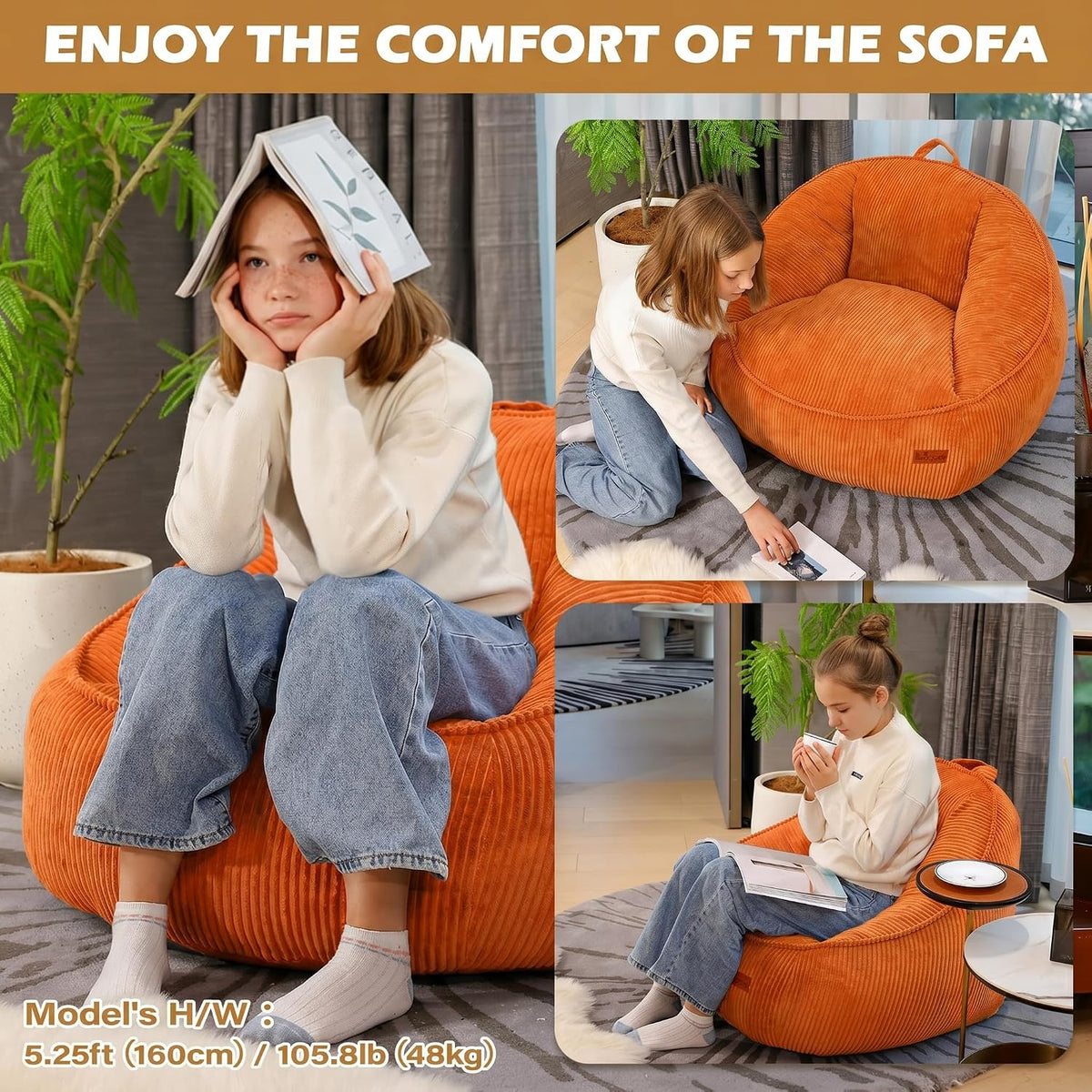 Bean Bag Chair, Cozy Fluffy Beanbag Chairs with Filler for Teens and Kids, Floor Lazy Sofa for Living Room Gaming & Reading (S-Burnt Orange) - Image 6