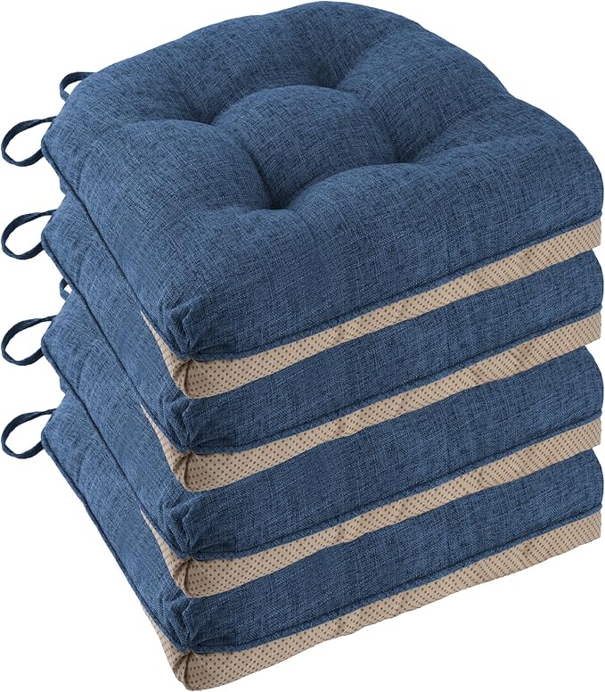 Chair Cushions for Dining Chairs Set of 4, 18"x18"x3", Royal Blue | Non-Slip with Ties, Tufted, Faux Linen, Seat Cushions for Dining Room Kitchen Breakfast Nook Indoor Home Office Living Room by FlyGulls