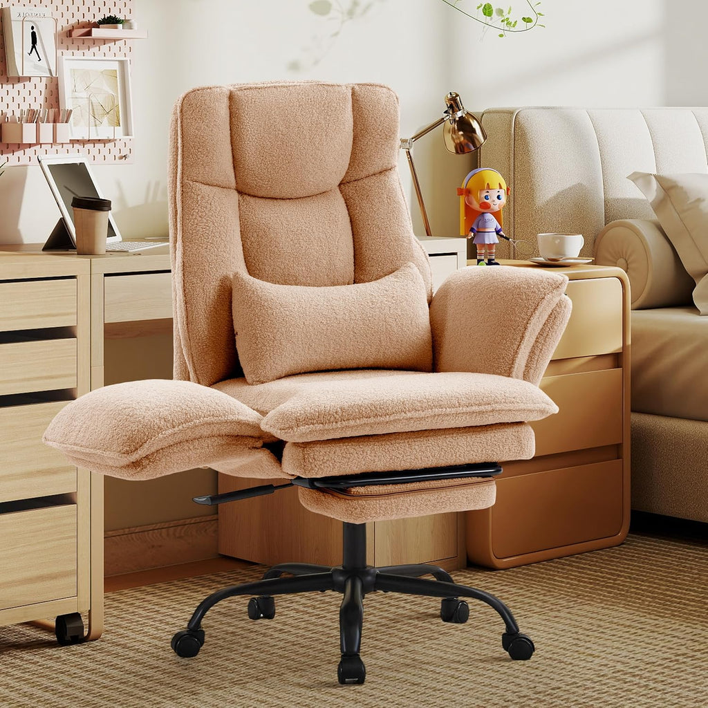 Wider Seat Office Chair with Flip Armrests for Criss Cross Legged&Cats, Big and Tall Executive Ergonomic Reclining Chair with Footrest&Lumbar Pillow, Teddy Fleece Desk Chair,Pink Vanity Chair - Image 7