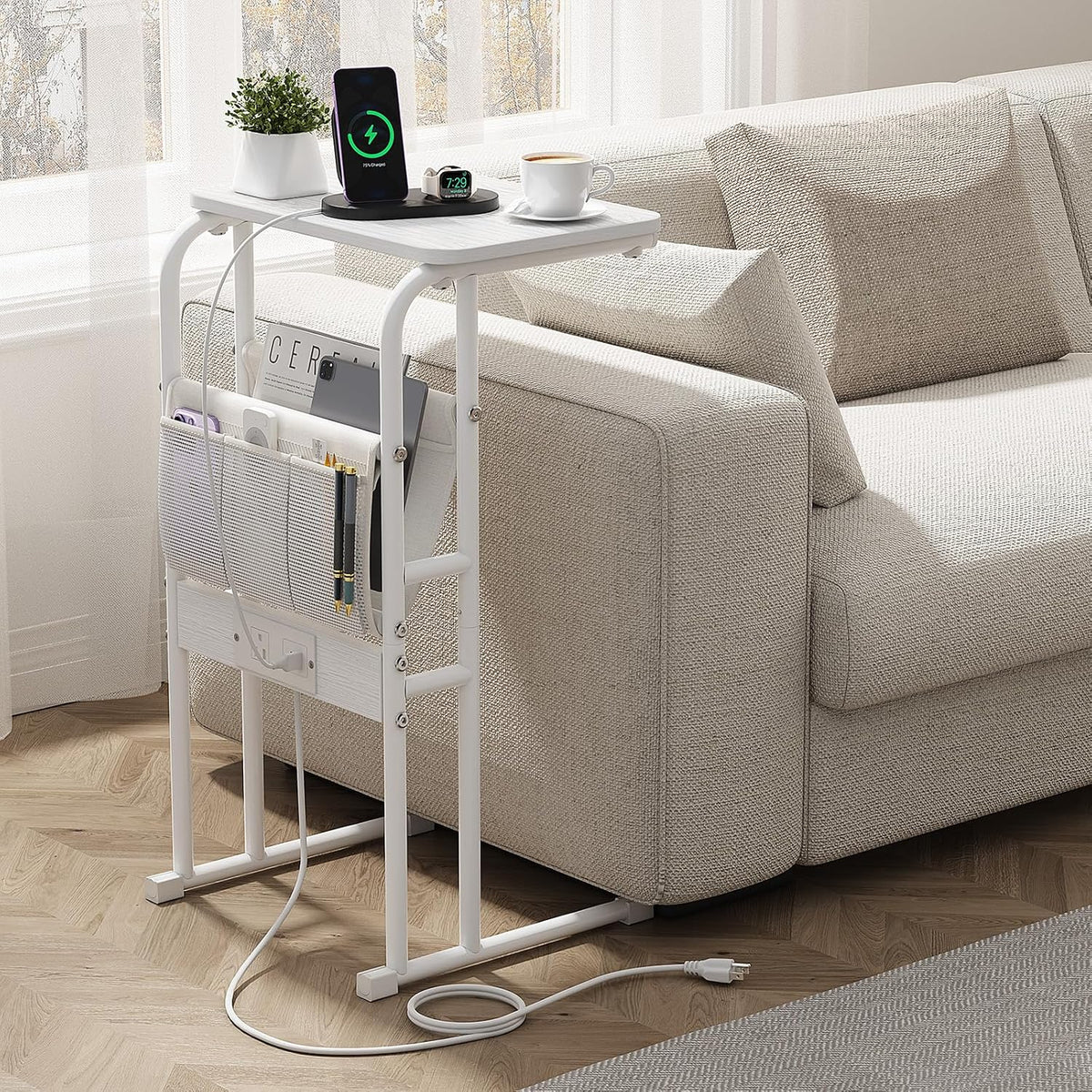 C-Shaped End Table with Charging Station and Storage Bag White by Olldide