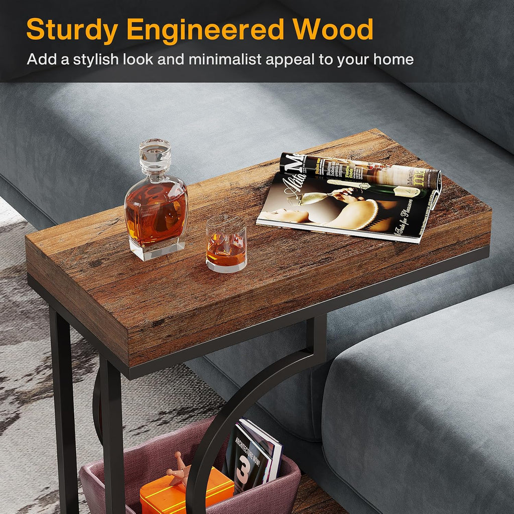 Tribesigns Side Table Set of 2 Narrow Side Table Brown Black C Shaped End Table Modern Bedside Tables for Couch, Small Sofa Tables with Metal Frame for Living Room (2, Rustic Brown+Black) - Image 7