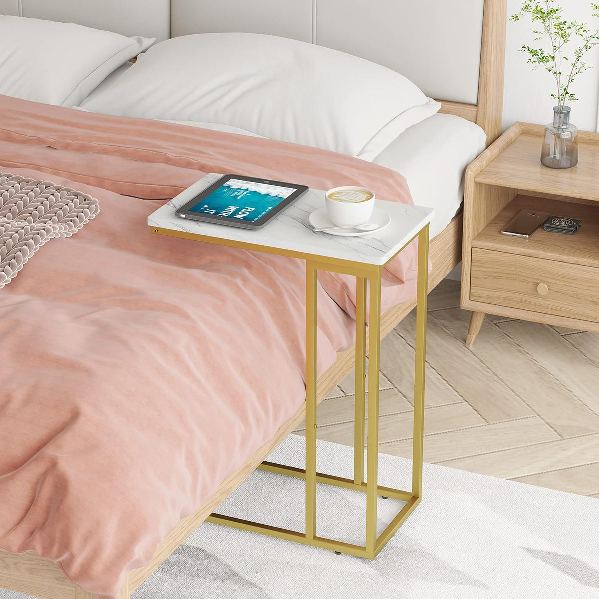 Yusong C Shaped End Table, Couch Side Table that Slide Under Sofa Bed, Small Table for Small Spaces, Skinny Overbed Table for Coffee Drink Snack, Living Room, Gold and White Marbled Wooden Top - Image 9