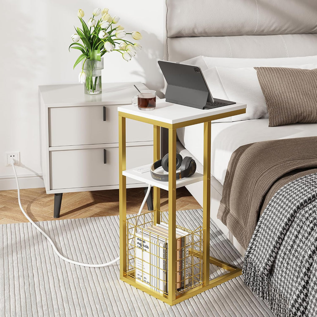 C Shaped End Table with Charging Station, Side Table for Couch, Small Side End Table for Small Spaces, 28" High Slide Under Sofa Table for Coffee, Tv Tray Table for Living Room, Golden - Image 6