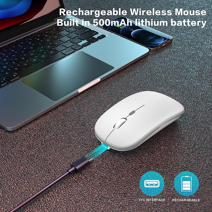 AIKOKOK Wireless Bluetooth Mouse, Rechargeable Dual Mode Mouse,Bright White | BT 5.2 & 2.4G USB Receiver, 3 Adjustable DPI,LED Lights,Slim,Silent,Portable Computer Mouse for Laptop,PC,MacBook,iPad,Tablet - Image 3