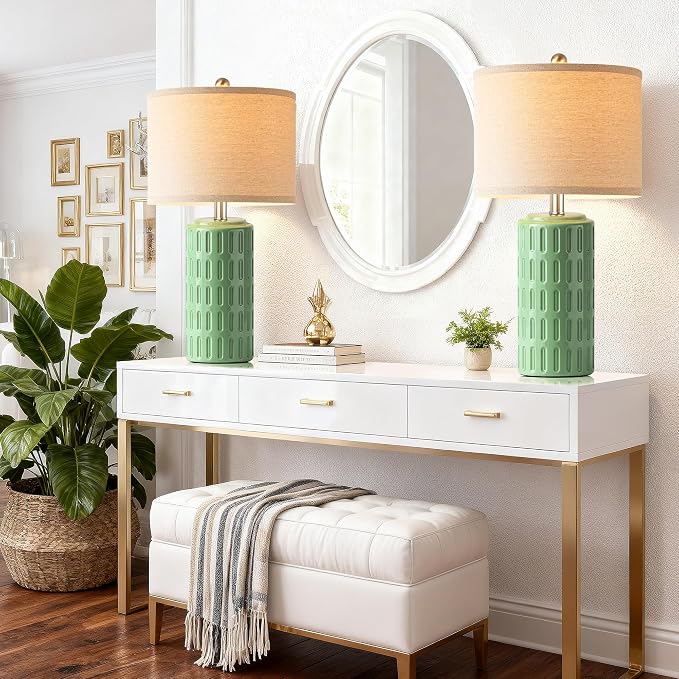 23" Farmhouse Modern Ceramic Table Lamp Set of 2 - Sage Green Bedside Lamps for Bedroom & Living Room, Nightstand, Desk, End Table - Image 6