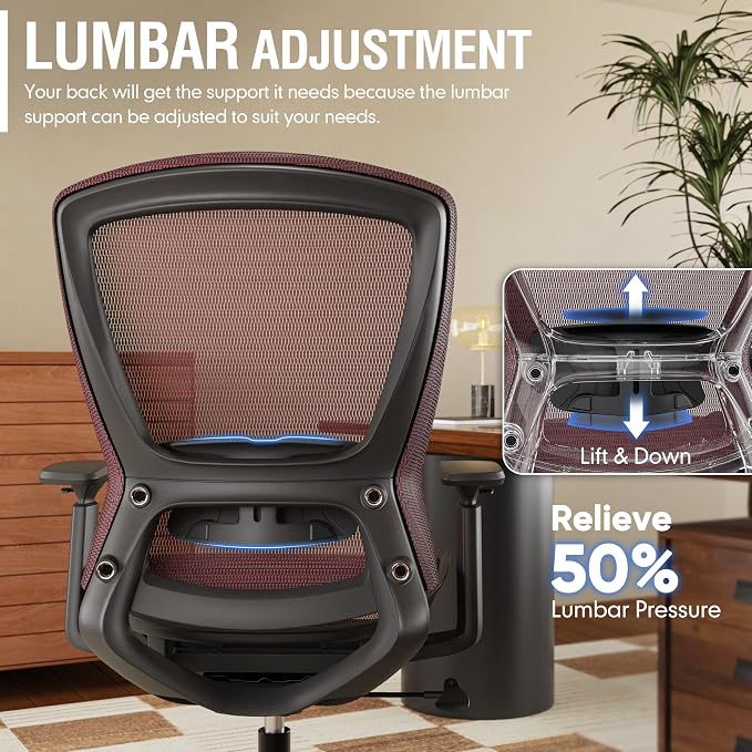 Mesh Office Chair,Ergonomic Computer Desk Chair,Sturdy Task Chair- Adjustable Lumbar Support & Armrests,Tilt Function,Comfort Wide Seat,Swivel Home Office Chair (Red) - Image 7
