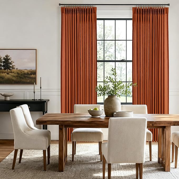 Hokibero Terracotta Pleated Linen Curtains 90 Inch Long for Living Room | Burnt Orange Light Filtering Sheer Curtain,Pinch Pleat Back Tab Hooks Rings,Boho Textured Privacy Drapes for Bedroom,2 Panels - Image 3