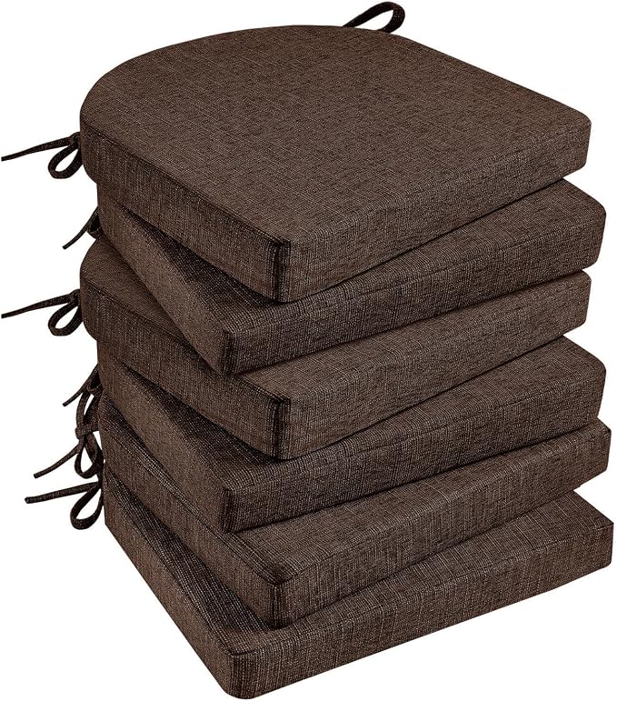 Basic Beyond Chair Cushions for Dining Chairs with Ties and Removable Cover, 2" Thick Seat Cushions for Kitchen Chairs, Set of 6, 17" x 16", Brown by BasicBeyond