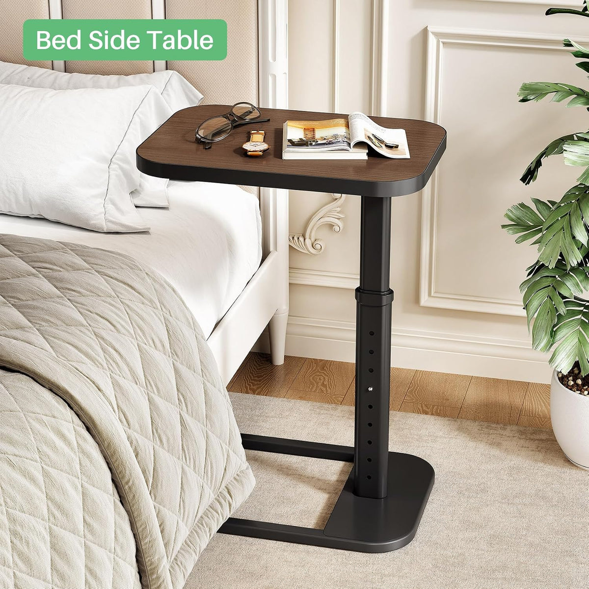 Kitstorack Adjustable Height C-Shaped End Table, 9-Level Side Table with Thickened Metal Rounded Edge, Couch Table Slides Under Sofa or Bed, Eating, Working, TV Tray Table for Small Spaces, Espresso - Image 7