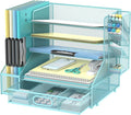 5-Tier Desk Organizer with File Holder & Pen Holder & Sliding Drawer, Blue | Mesh Metal Paper Letter Tray for Papers, Mail, Office Supplies, and Desk Accessories by DALTACK