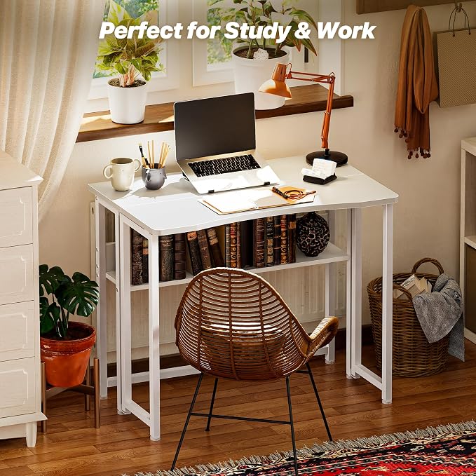 Huuger Folding Desk with Storage Shelf, 31.5 Inch Foldable Computer Table | Writing Work Office Computer Desk for Small Spaces, Space Saving Sofa Table for Couch, Easy to Fold, White - Image 8