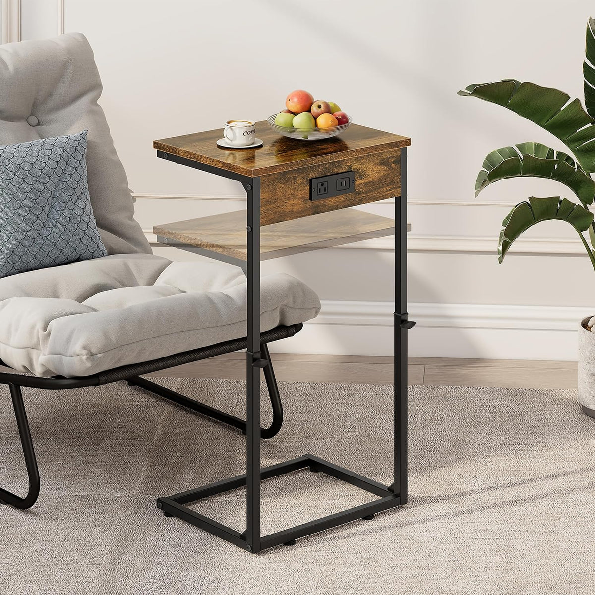 C Shaped End Table with Charging Station, Adjustable Height Side Table for Couch, Small Side Table, 33.2'' Tall Couch Tables that Slide Under, Tv Tray End Table for Living Room, Rustic Brown - Image 5