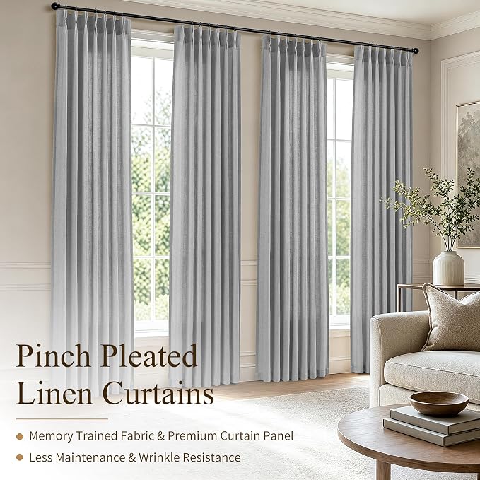 Hokibero Grey Pinch Pleated Linen Curtains 63 Inch Long for Living Room | Gray Light Filtering Semi Sheer Curtain,Back Tab Hooks Rings,Farmhouse Textured Privacy Drapes for Bedroom Window,2 Panels - Image 2