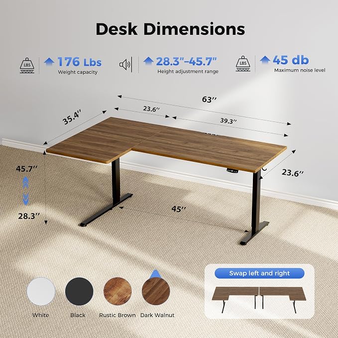 Agilestic 63 * 35 Inch Reversible L Shaped Electric Standing Desk, Walnut | Reversible left-right installation, L-shape Workspace, Sturdy Steel Frame, Memory Presets, Hooks, 176 lbs, Easy Assembly - Image 3