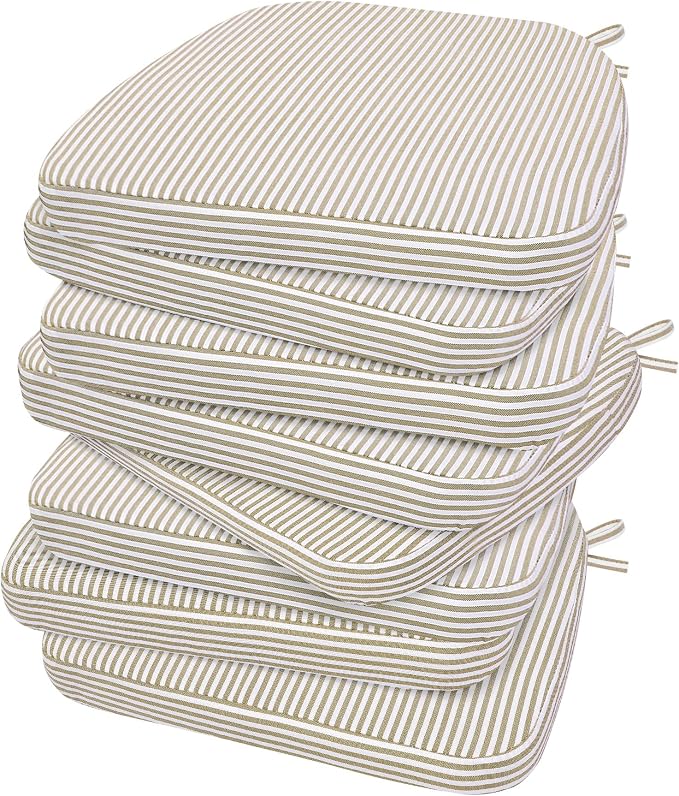AAAAAcessories D-Shaped Chair Cushions, 2" Thick Dining Chair Pads with Ties and Removable, Machine-Washable Cover, 17" x 16", Set of 8, Natural Sand Pinstripe by AAAAAcessories
