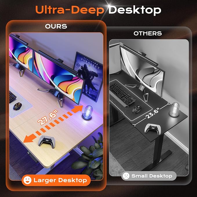 Huuger 63 x 28 Large Electric Standing Desk, Height Adjustable Computer Desk, 27.6" Deep Desktop, Stand up Gaming Office Table with 2 Hooks, 3 Preset Heights, for Home Office, Maple, 7021Q-1 - Image 4