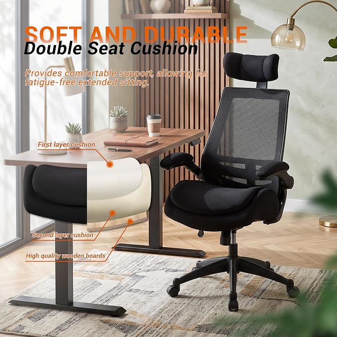 BOLISS 400lbs High Back Ergonomic Office Chair with Dual Seat Cushion | Heavy Duty, Angle Adjustable Headrest, Soft Flip-up Arms, Molded Foam Seat, Back Support,Mesh Computer Desk Chair with - Image 6