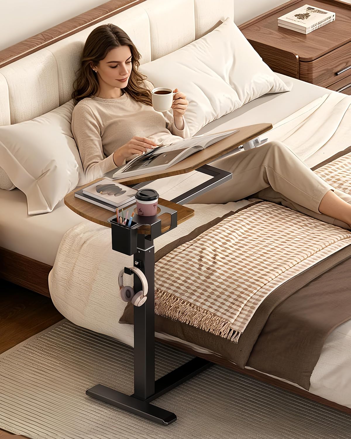 Overbed Table with Wheels, Pneumatic Lift and Tilting Top (Walnut) - Image 6