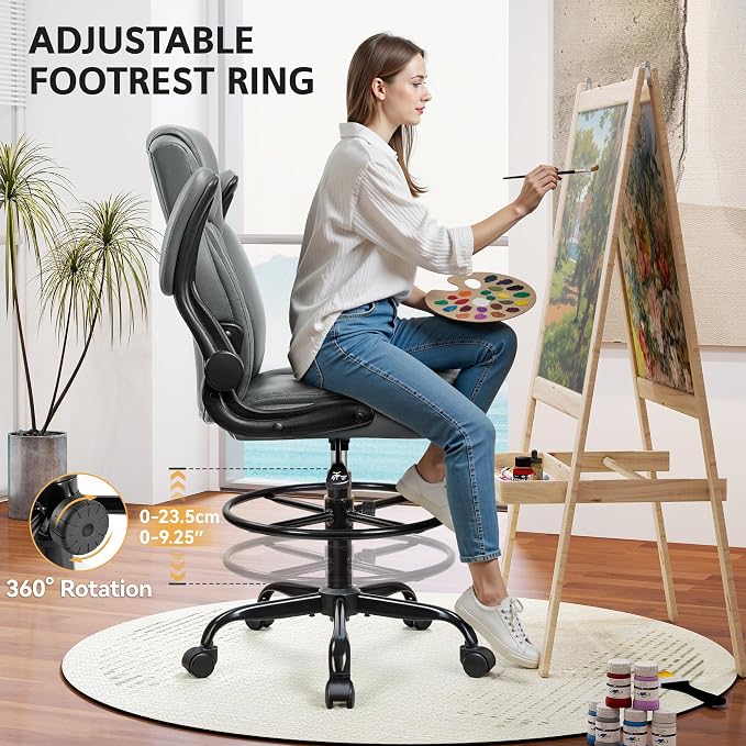 Drafting Chair, Tall Office Chair for Standing Desk, High Executive Leather Ergonomic Computer Chair with Adjustable Height and Flip-Up Armrest for Counter Height Desk, Grey, Pack of 1 - Image 7