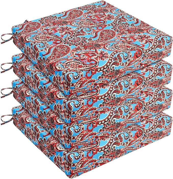 UNIKOME Outdoor Chair Cushions Pack of 4, Water Resistant Patio Cushions with Ties, High Density Sponge Filling Square Corner Seat Cushions for Outdoor Furniture, 18.5"*16"*3", Brown Paisley by UNIKOME