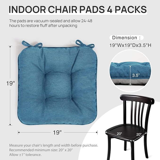 Love's cabin Memory Foam Chair Cushions Set of 4, 19 Inch, Blue | 19"x19"x3.5", Indoor & Outdoor Chair Seat Pads with Non-slip Bottom and Ties, for Dining, Kitchen, Office and Patio Chair - Image 2