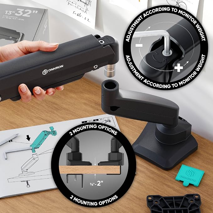 ONKRON Monitor Arm Desk Mount 13-32 Inch, 22 lbs, max VESA 100x100, Black | Single monitor mount with 19.1" extension, gas spring, swivel, tilt, rotation; C-clamp or grommet mount for office & gaming - Image 7