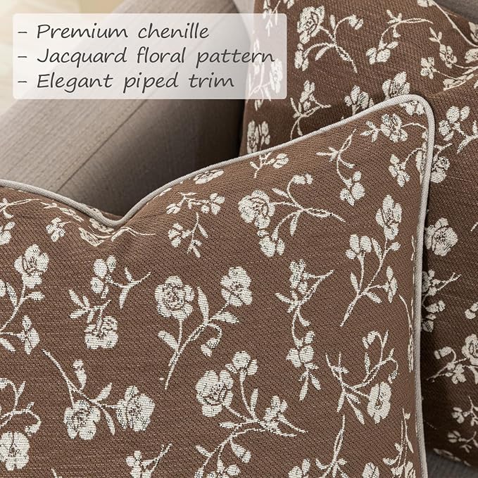 20x20 Chenille Jacquard Throw Pillow Cover, Taupe Gray Vintage Floral Cushion Case with Piped Edges, Decorative Large Accent for Sofa, Bed & Couch, 2 Pack - Image 3
