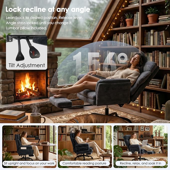 C57 Ergonomic Reclining Office Chair with Footrest, Velvet Desk Chair with 6-Stage Adjustable Wing Armrests for Cross Legged Sitting, Pet Friendly High Back Lounge Gaming Chair for Home Office - Image 5