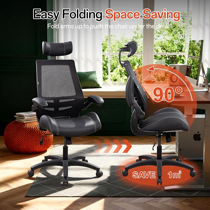 BOLISS Leather 400lbs Office Chair High-Back with Extra-Thick Cushion | Ergonomic Desk Chair High-Density Molded Foam Seat, Adjustable Headrest, 90° Flip-Up Arms, and Rocking Tilt for Home & Office - Image 4