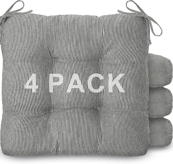 Geetery Black and White 4 Pack Ticking Stripe Chair Cushions with Ties, 16"x15" Reversible Indoor Chair Pads for Dining Chairs, Soft Kitchen Seat Cushions for Home Office Living Room by Geetery