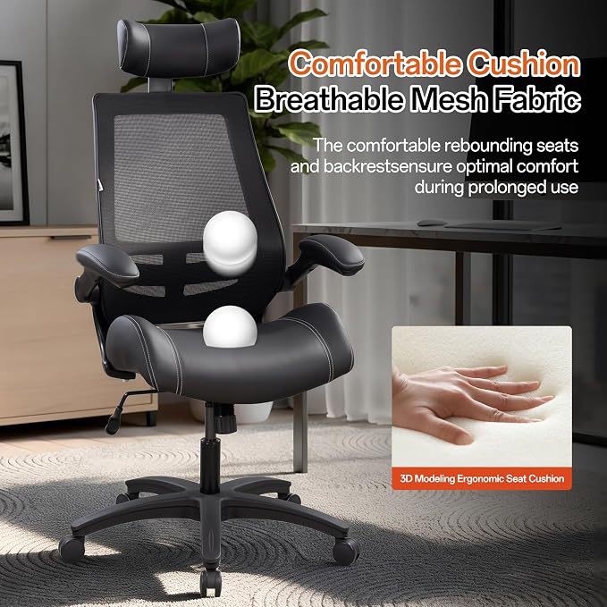 BOLISS Leather 400lbs Office Chair High-Back with Extra-Thick Cushion | Ergonomic Desk Chair High-Density Molded Foam Seat, Adjustable Headrest, 90° Flip-Up Arms, and Rocking Tilt for Home & Office - Image 7