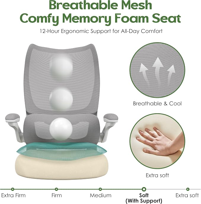 Office Chair Ergonomic Desk Chair - Comfy Mesh High Back Office Chair with Lumbar Support Wheels Home Desk Office Chairs Flip up Armrest Executive Rolling Swivel Task Work Computer Chair Grey - Image 6