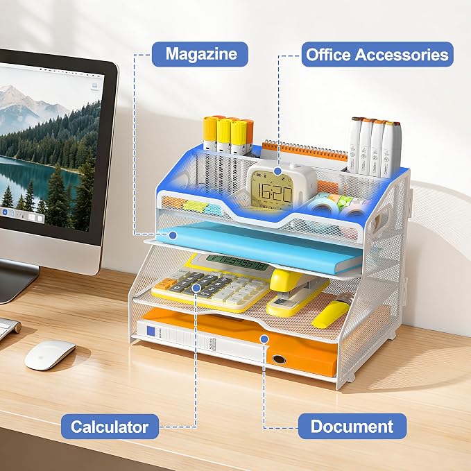 4 Tier Metal Desk Organizer with Magazine File Holder, White | Space saving workspace desk file trays. Includes pencil holder and portable handles. Ideal for school and office supplies - Image 6
