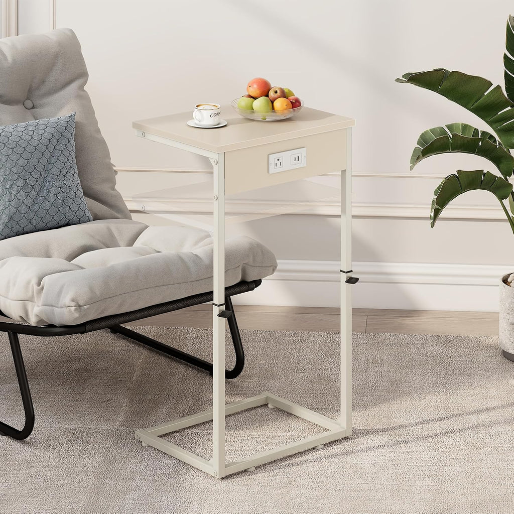 C Shaped End Table with Charging Station, Adjustable Height Side Table for Couch, Small Side Table, 33.2'' Tall Couch Tables that Slide Under, Tv Tray End Table for Living Room, Beige - Image 5