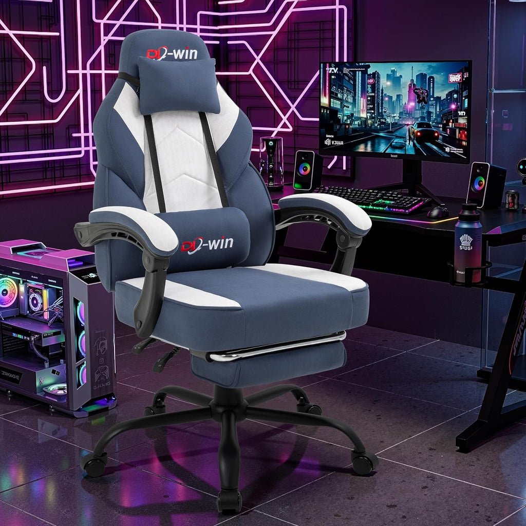 Video Gaming Chair for Adults, Computer Chair with Footrest and Ergonomic High Back, Big and Tall Gamer Chair with Massage Lumbar Support (Light Blue Fabric) - Image 2