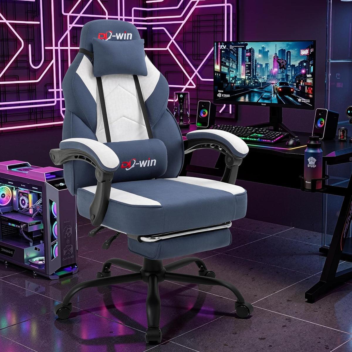 Video Gaming Chair for Adults, Computer Chair with Footrest and Ergonomic High Back, Big and Tall Gamer Chair with Massage Lumbar Support (Light Blue Fabric) - Image 2