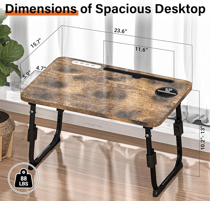 Lap Desk for Bed Adjustable Height with USB Port 23.6" x15.7" Desktop | Storage Drawer, Bookshelf, Fits 17" Laptop, For couch WFH Study, Foldable Non-Slip No Assembly Sturdy Lightweight Carbonized - Image 4