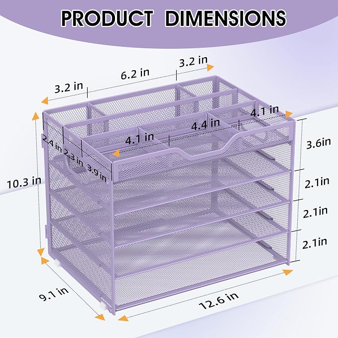 5 Tier Paper Letter Tray Desk Organizer with Pen Holders - Purple | Features 3 pen holders and 4 removable dividers.Versatile mesh desktop storage for mail, document,office supplie - Image 2