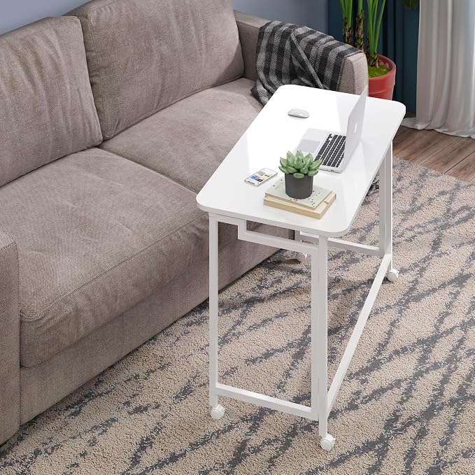 4NM 27.5" Mobile Small Rolling Computer Desk, Folding Laptop Cart Table with Wheels, Portable Office Desk for Small Space Couch Bed - All White - Image 4